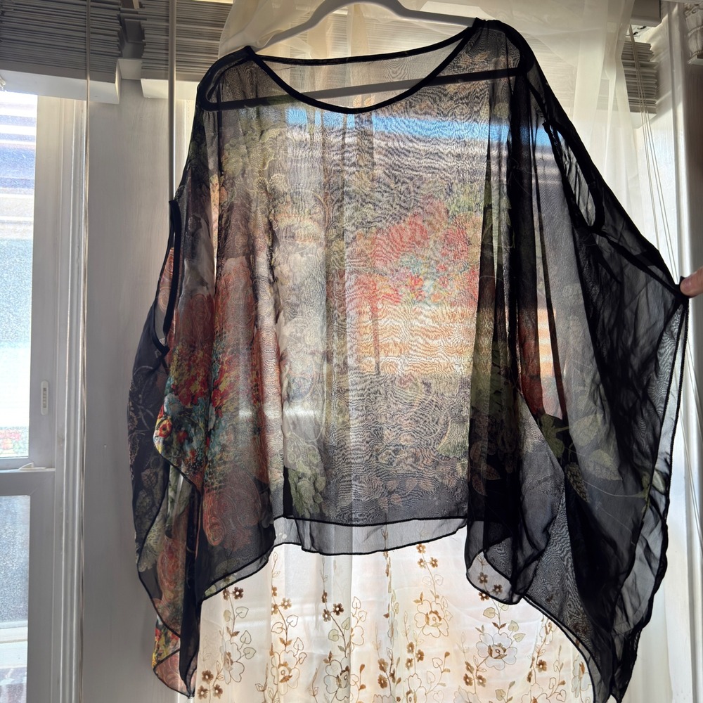 Boho Sheer Chiffon Poncho Top Womens One Size Black Floral Paisley Draped Blouse - Picture 4 of 16